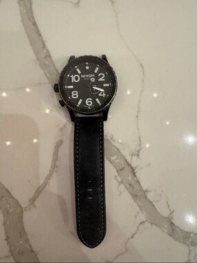 Nixon Black Dial Black Leather Strap Watch